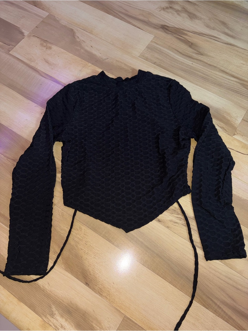Black Textured Long-Sleeve Crop Top with Open Back